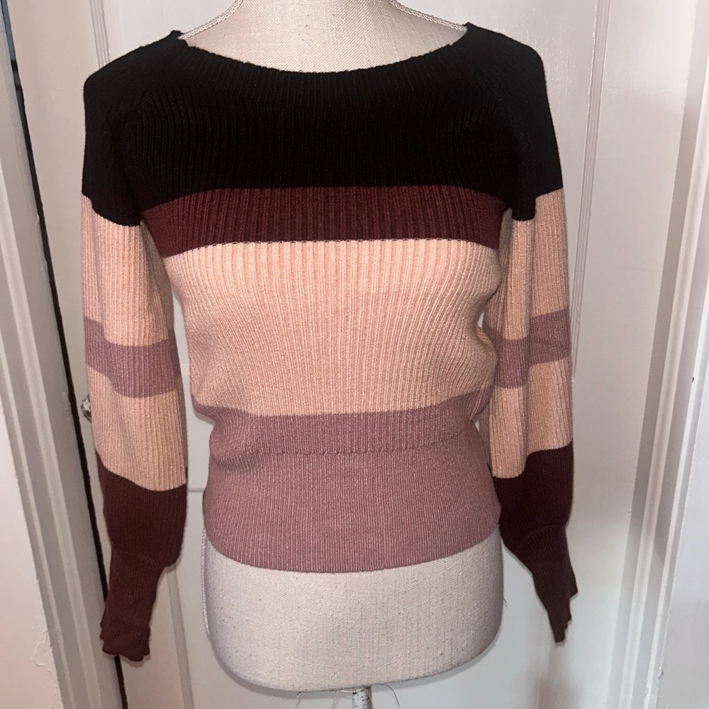 Striped Women's Sweater - Black, Brown, Pink beautiful sleeves size small NWT